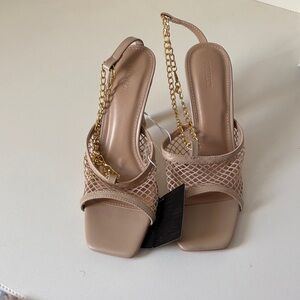Chain-Accent Nude Slingback Sandals